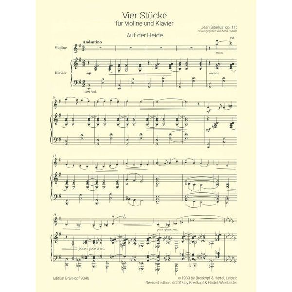 Breitkopf & Härtel Sibelius 4 Stücke Violine