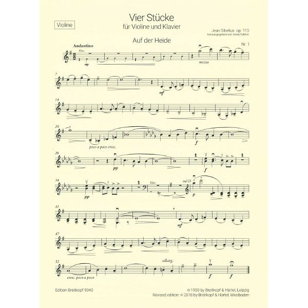 Breitkopf & Härtel Sibelius 4 Stücke Violine