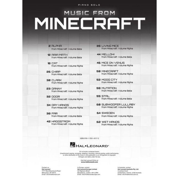 Hal Leonard Music From Minecraft Piano