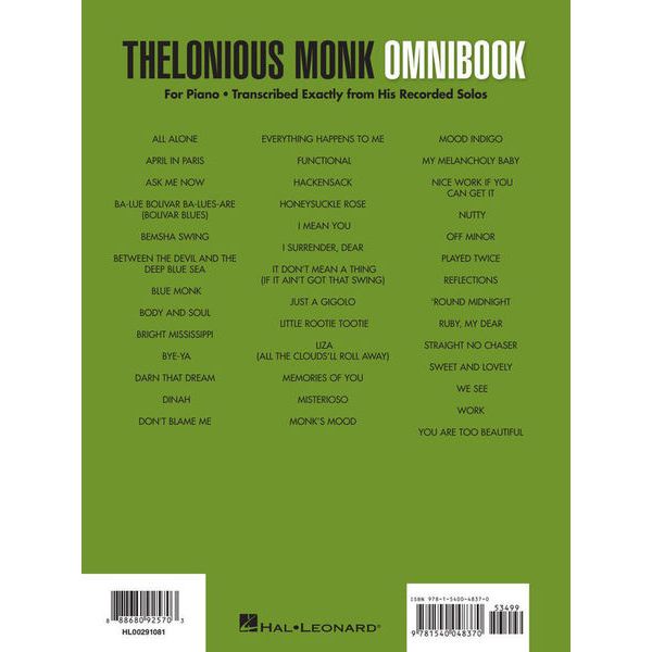 Hal Leonard Thelonious Monk Omnibook Piano