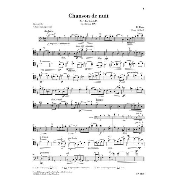 Henle Verlag Elgar Chanson De Nuit Cello