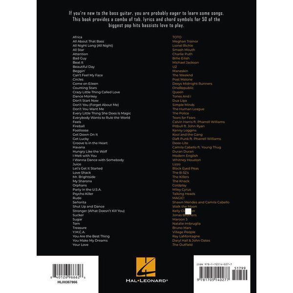 Hal Leonard First 50 Pop Songs Bass