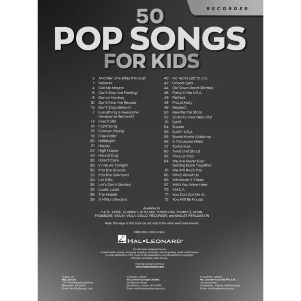 Hal Leonard 50 Popsongs for Kids Recorder