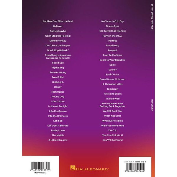 Hal Leonard 50 Popsongs for Kids Recorder