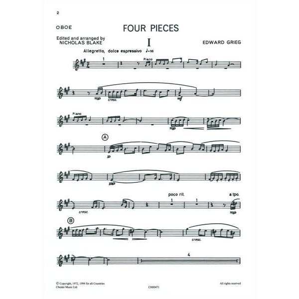 Chester Music Grieg Four Pieces Oboe