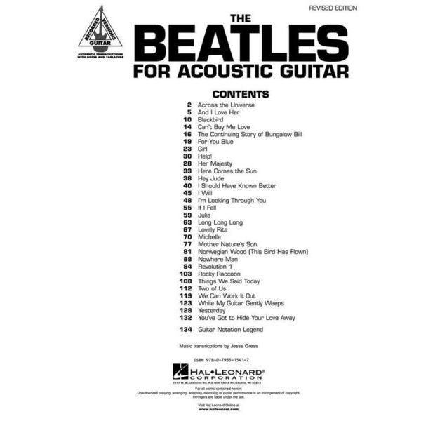 Hal Leonard Beatles For Acoustic Guitar