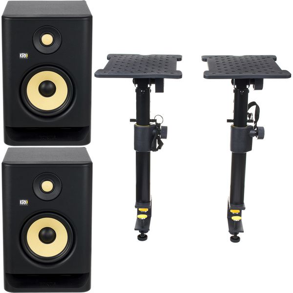 KRK ROKIT 5 G4 5 2-Way Studio Monitor (Pair) Bundle with Studio Monitor  Stands (Pair), 2x Small Pad & 2x XLR Cable 