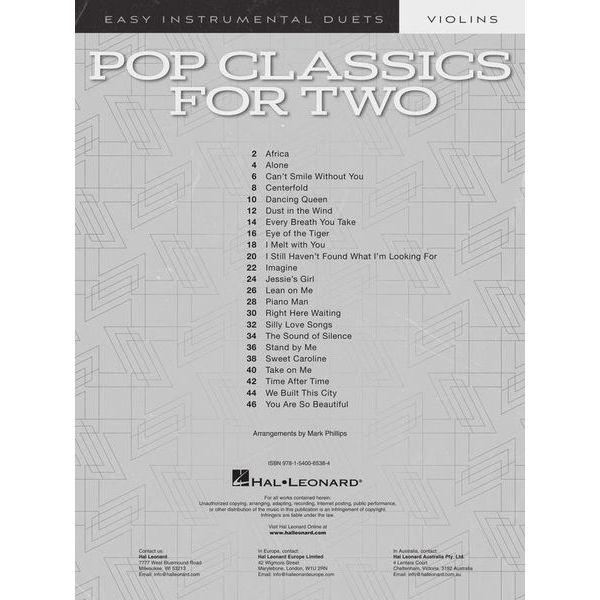 Hal Leonard Pop Classics For Two Violins