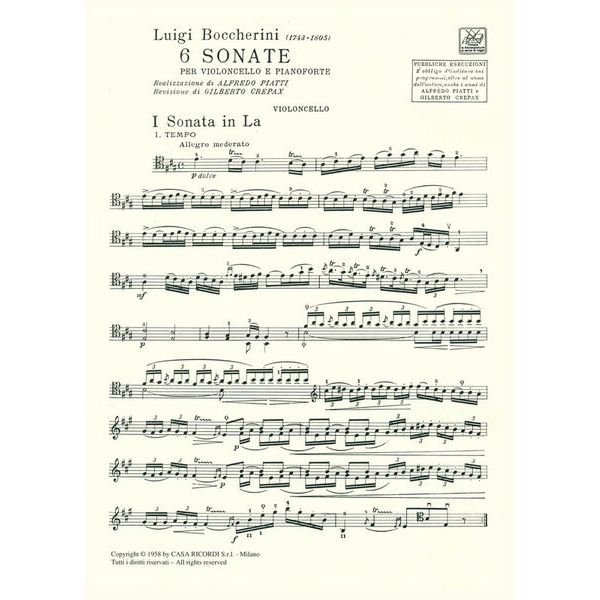 Ricordi Boccherini 6 Sonaten Cello