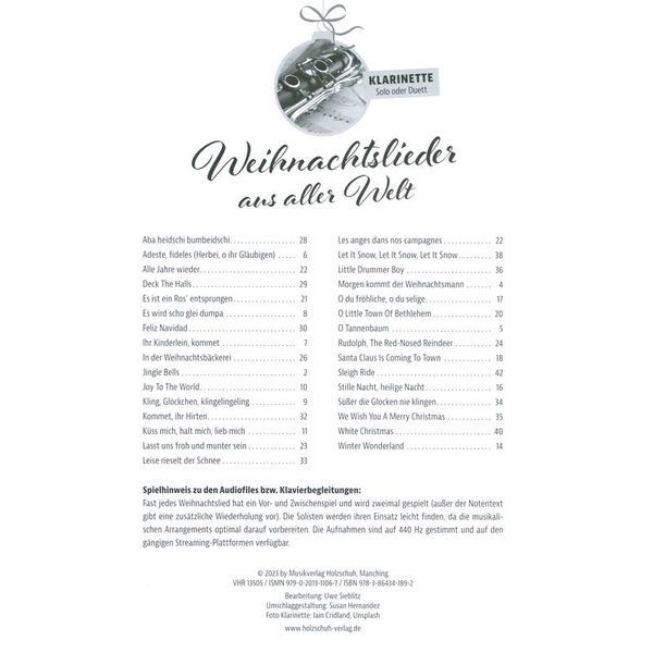 Holzschuh Verlag Weihnachtslieder Klarinette