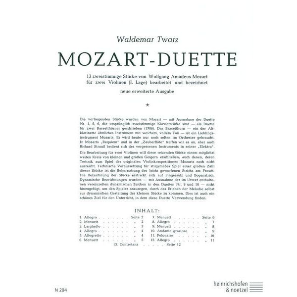 Heinrichshofen Verlag Mozart Duette Violin