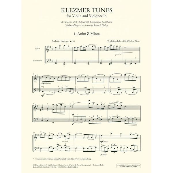 UT Orpheus Edizioni Klezmer Tunes Violin Cello