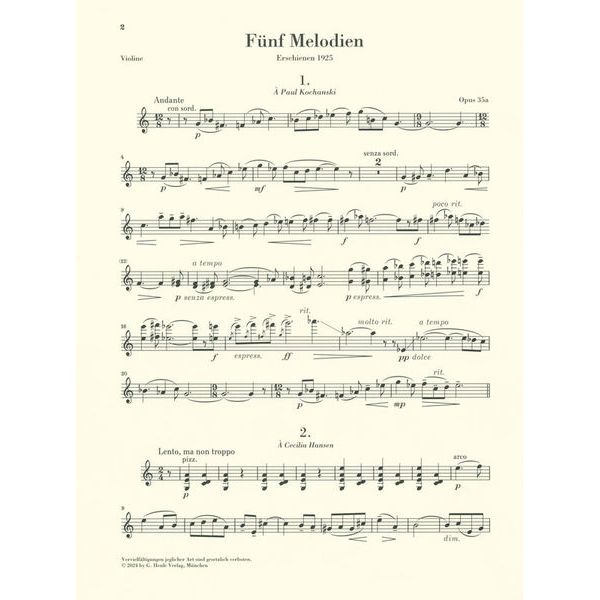 Henle Verlag Prokofjew 5 Melodien Violin