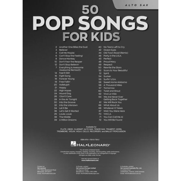 Hal Leonard 50 Popsongs for Kids Alto Sax