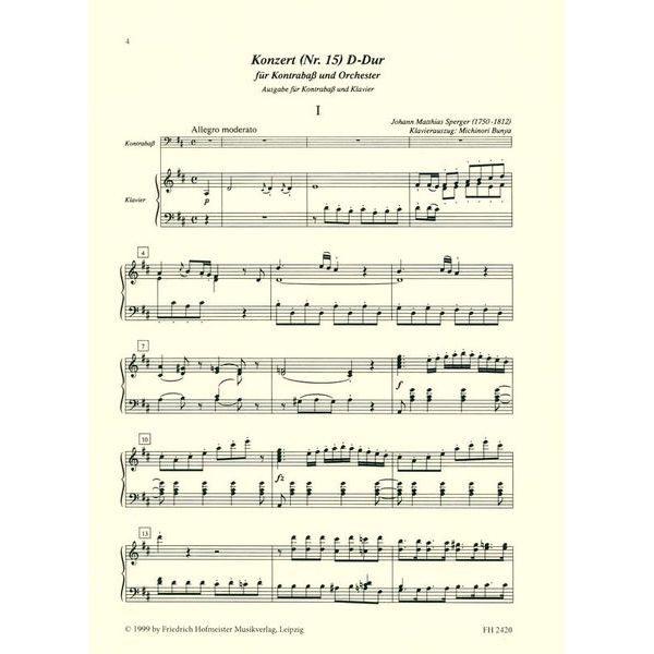 Friedrich Hofmeister Verlag Sperger Konzert Nr. 15 D-Dur