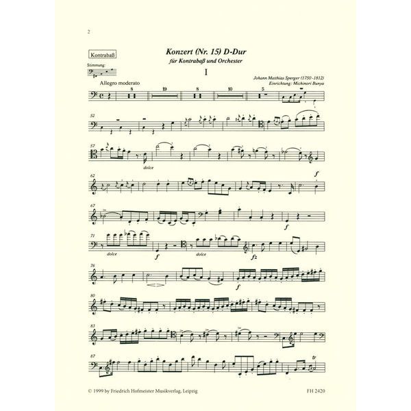 Friedrich Hofmeister Verlag Sperger Konzert Nr. 15 D-Dur