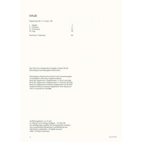Carus Verlag Rheinberger Orgelsonate Nr. 11
