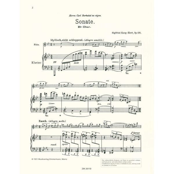 Zimmermann Verlag Karg-Elert Sonate B-Dur op.121