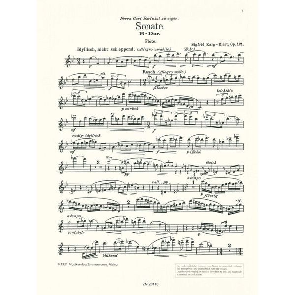 Zimmermann Verlag Karg-Elert Sonate B-Dur op.121
