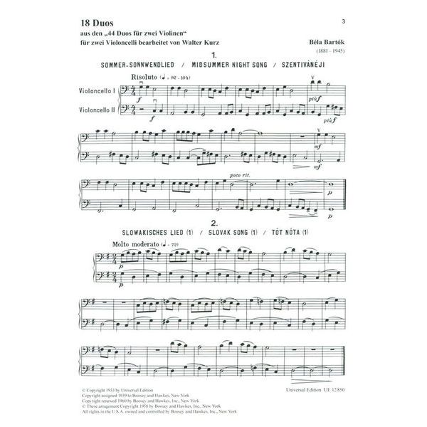 Universal Edition Bartók 18 Duos Cello