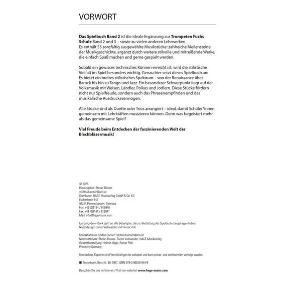 Hage Musikverlag Trompeten Fuchs Spielbuch 2