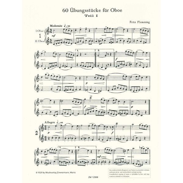 Zimmermann Verlag Flemming Übungsstücke Oboe 1