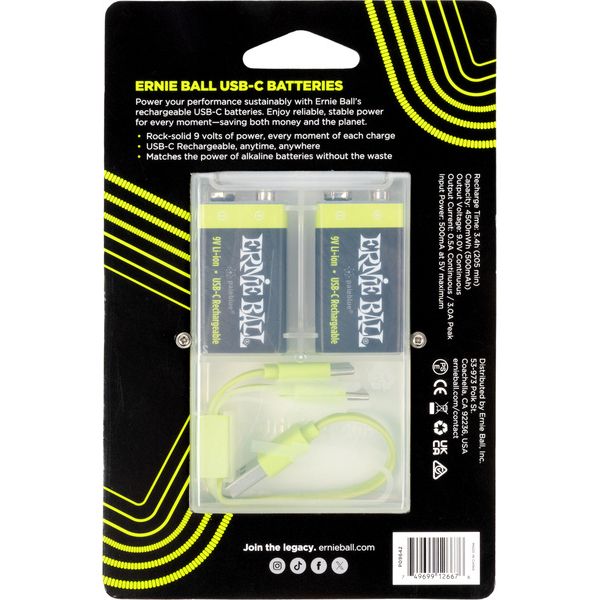 Ernie Ball USB-C Rechargeable 9V 2-Pack