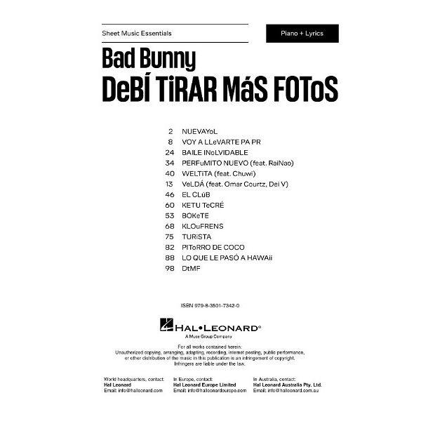 Hal Leonard Bad Bunny Debí Tirar Más Fotos