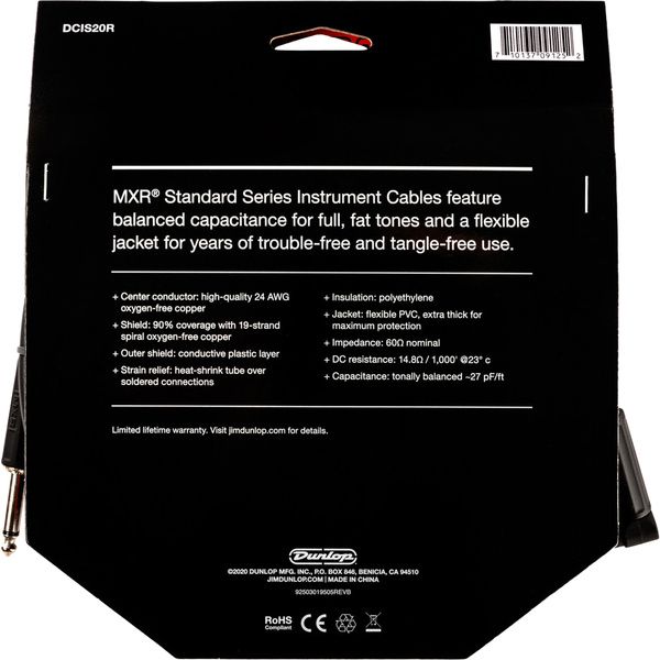MXR 20 FT Standard Cable Black R S
