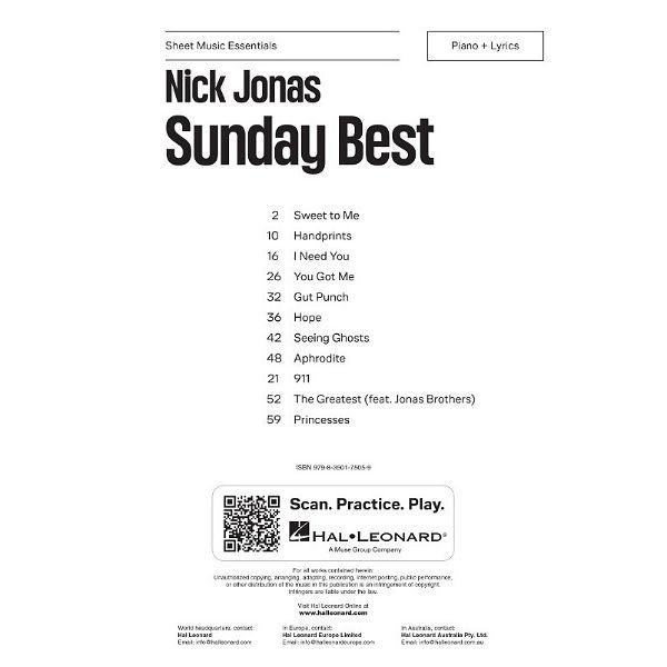 Hal Leonard Nick Jonas Sunday Best