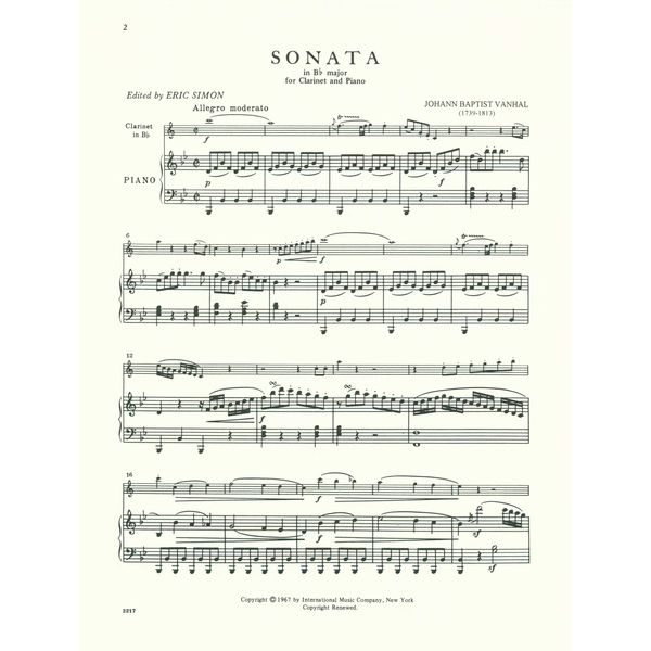 International Music Company Vanhal Sonate B-Dur Clarinet