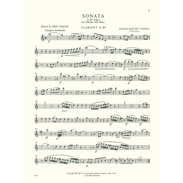International Music Company Vanhal Sonate B-Dur Clarinet