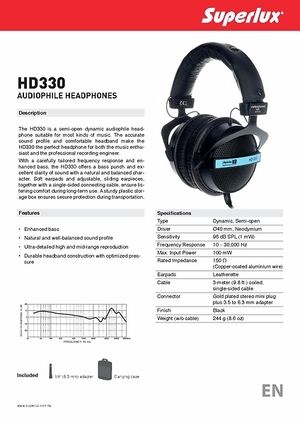 Superlux - HD330 Casque Audio Jack 6.35 mm Circum-Auriculaire Adaptateur  96dB Noir - Casque - Rue du Commerce