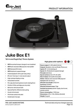 Pro-Ject Juke Box E - Platine Vinyle avec ampli stéréo intégré - Laqué  Noir, Laqué Blanc ou