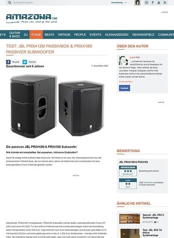 Amazona.de Test: JBL, PRX418S und PRX412M, Passivboxen Amazona.de Test: JBL, PRX418S und PRX412M, Passivboxen