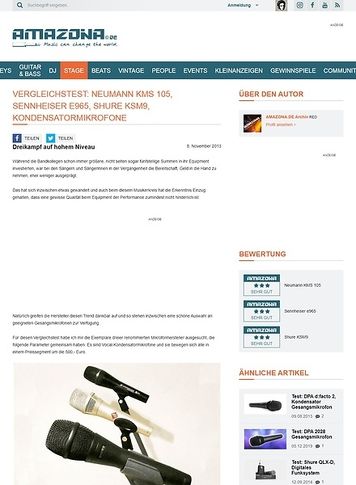 Amazona.de Vergleichstest: Neumann KMS 105, Sennheiser e965, Shure KSM9, Kondensatormikrofone Amazona.de Vergleichstest: Neumann KMS 105, Sennheiser e965, Shure KSM9, Kondensatormikrofone