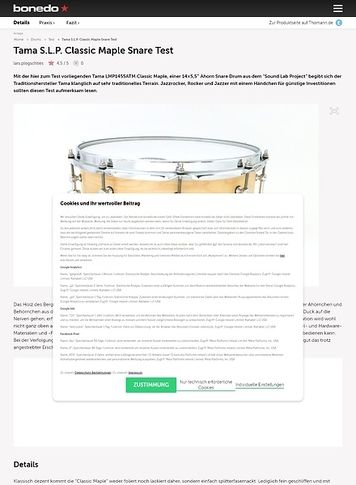 Bonedo.de Tama 14" x 5,5", S.L.P. LMP1455ATM Classic Maple Snare Bonedo.de Tama 14" x 5,5", S.L.P. LMP1455ATM Classic Maple Snare