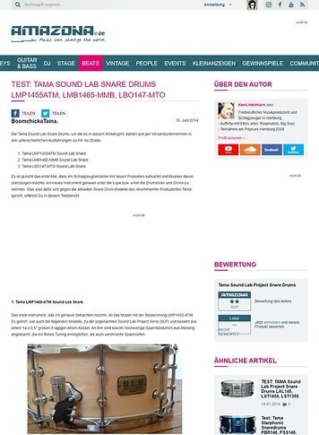 Amazona.de Test: Tama Sound Lab Snare Drums LMP1455ATM, LMB1465-MMB, LBO147-MTO Amazona.de Test: Tama Sound Lab Snare Drums LMP1455ATM, LMB1465-MMB, LBO147-MTO