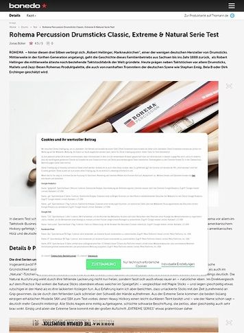 Bonedo.de Rohema Percussion Drumsticks Classic, Extreme & Natural Serie Test Bonedo.de Rohema Percussion Drumsticks Classic, Extreme & Natural Serie Test