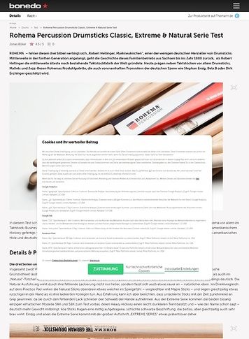 Bonedo.de Rohema Percussion Drumsticks Classic, Extreme & Natural Serie Test Bonedo.de Rohema Percussion Drumsticks Classic, Extreme & Natural Serie Test