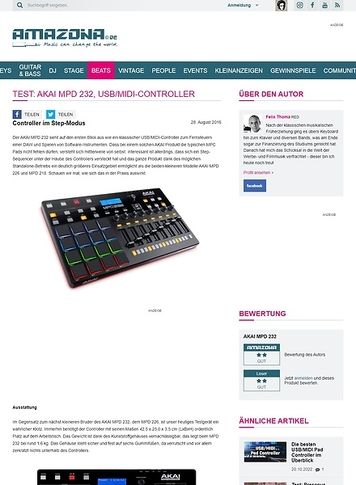 Amazona.de Test: AKAI MPD 232, USB/MIDI-Controller Amazona.de Test: AKAI MPD 232, USB/MIDI-Controller