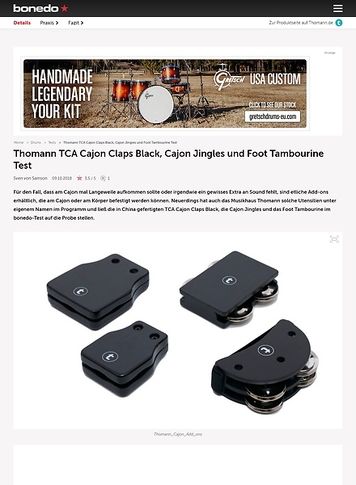 Bonedo.de Thomann TCA Cajon Claps Black, Cajon Jingles und Foot Tambourine Bonedo.de Thomann TCA Cajon Claps Black, Cajon Jingles und Foot Tambourine