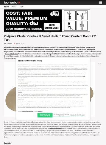 Bonedo.de Zildjian K Cluster Crashes, K Sweet Hi-Hat 14 und Crash of Doom 22 Bonedo.de Zildjian K Cluster Crashes, K Sweet Hi-Hat 14 und Crash of Doom 22