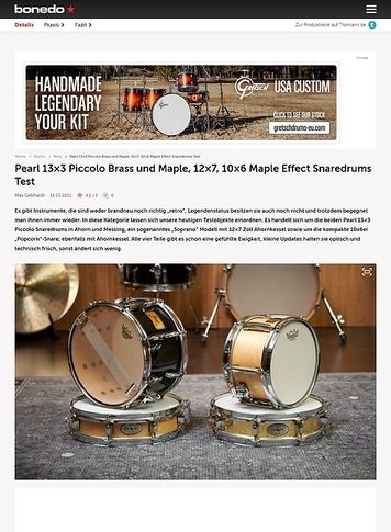 Bonedo.de Pearl 13x3 Piccolo Brass und Maple, 12x7, 10x6 Maple Effect Snaredrums Bonedo.de Pearl 13x3 Piccolo Brass und Maple, 12x7, 10x6 Maple Effect Snaredrums