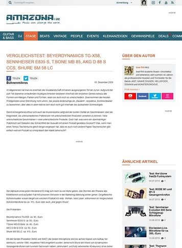 Amazona.de Vergleichstest: Beyerdynamics TG-X58, Sennheiser E835 S, T.Bone MB 85, AKG D 88 S CCS, Shure SM 58 LC