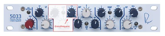 Beim Rupert Neve Designs Portico 5033 wurde das komplette Frequenzband in 5 Bereiche aufgeteilt. Jeder dieser 5 Bereiche: LF (Hochpass), LMF (Low-Mid-Frequency), MF (Mid-Frequency), HMF (Hi-Mid-Frequency), sowie einen HF (Tiefpass) hat jeweils eigene Parameter. Hier ist das 2. Band (LowMiddle Frequenz) abgebildet mit einem Regelbereich von 50-400Hz
