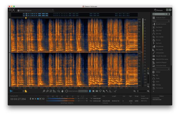 In iZotope RX werden kurze Störimpulse wie Knackser, oder Huster als helle Punkte sichtbar. Sie können vergleichbar mit einem Grafikprogramm einfach retuschiert werden.